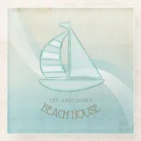 Beach House Nautical Sailboat Aqua Blue ID623 Glass Coaster