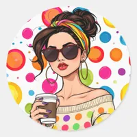 Women in LGBTQ Rainbow Bandana with Coffee Classic Round Sticker