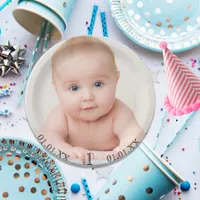 1st birthday party baby photo date age paper plates