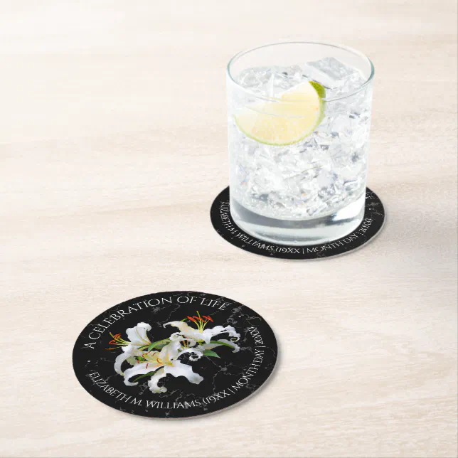 Elegant White Oriental Lilies Celebration of Life Round Paper Coaster