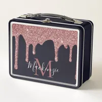 Black and Rose Gold Dripping Glitter Monogram Metal Lunch Box