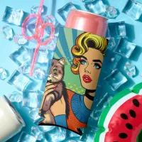 Cartoon Comic Pop Art Women Holding Cat Seltzer Can Cooler