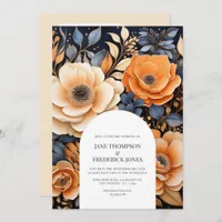 Navy Blue, Burnt Orange & Champagne Floral Wedding Invitation