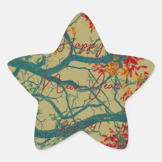  Happy New Year green tree red leaves Star Sticker