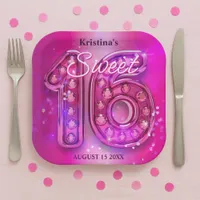 Dazzling Fuchsia Jeweled Sweet Sixteen Milestone Paper Plates