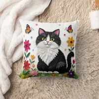 Cute Black and White Cat, Flowers and Butterflies Throw Pillow