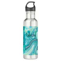 Personalized Blue, Turquoise Sea Waves Bubbles    Stainless Steel Water Bottle