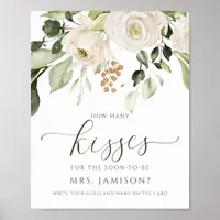 Bridal Shower How Many Kisses Game White Greenery Poster