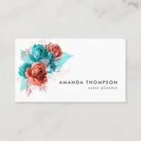 Turquoise and Coral Watercolor Floral Business Card