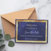 Navy blue gold confetti birthday save the date