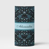 Elegant Flowery Black and Teal Damask Pillar Candle