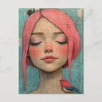Lady with pink hair and a bird on her shoulder postcard