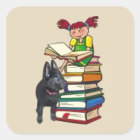 Study Buddy GSD Puppy & School Girl on Books Square Sticker