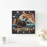 Bald Eagle Perched by Mountains and American Flag Square Wall Clock