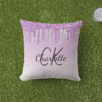 Purple glitter drips silver monogram name outdoor pillow