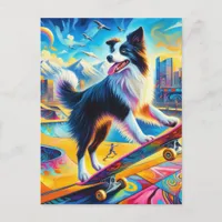 Funny Surreal Skateboarding Border Collie Postcard