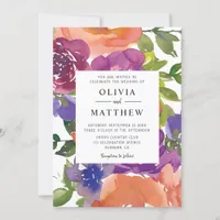 Modern Boho Coral Purpl Watercolor Flowers Wedding Invitation