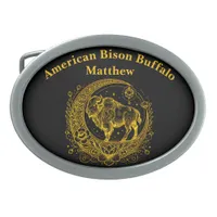 Bison Standing in a Floral Crescent Moon Design Belt Buckle