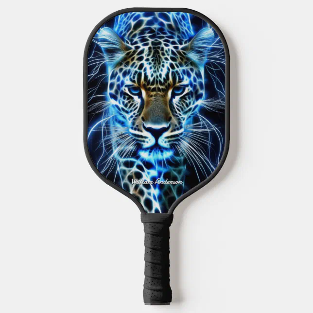 Fiery Leopard White & Blue Glowing Cool Style Pickleball Paddle