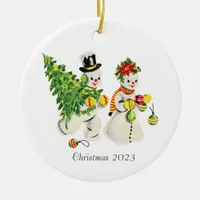 Retro Snowcouple Christmas 2023 Ceramic Ornament