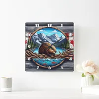 Beaver Building Lodge by Mountain Lake in Canada Square Wall Clock