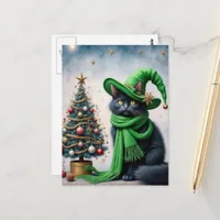 Cute Black Witch Cat and a Christmas Tree Adorable Postcard