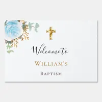 Baptism eucalyptus blue floral boy welcome  sign