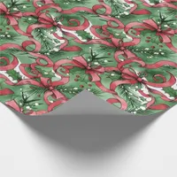 Evergreens Holly and Red Ribbons Wrapping Paper
