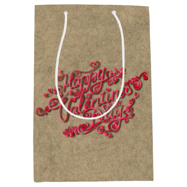 Happy Valentine’s Day sepia heart red lettering Medium Gift Bag