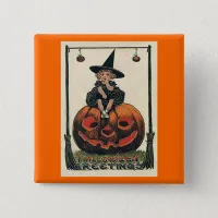 Vintage Halloween Girl on Jack o'Lantern Pinback Button