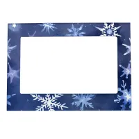 Stylish Elegant Dark Blue White Snowflakes Holiday Magnetic Frame