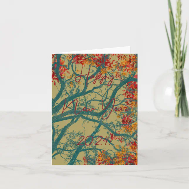  Happy New Year green tree red leaves Card