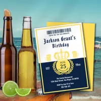 Chic Navy Blue Beer Label Brewery Theme Birthday Invitation