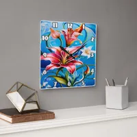 Vibrant Lily Blooms Against Blue Backdrop Square Wall Clock