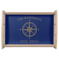Nautical Compass Rose Navy Blue Gold Family Name Serving Tray