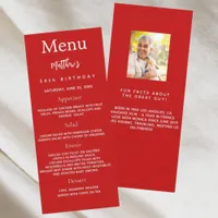 Red photo fun facts birthday menu card