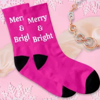 Cute Festive Fuchsia Pink Merry & Bright Christmas Socks