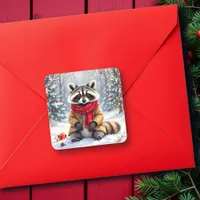 Cute Whimsical Raccoon Christmas Square Sticker