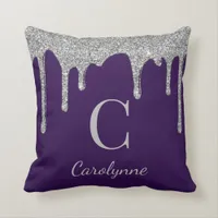 Chic Purple Silver Sparkle Glitter Drips Monogram Throw Pillow