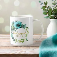 Teal Peony Wreath Bridesmaid Name ID456 Coffee Mug