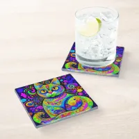 Cool Artsy Whimsical Vibrant Colorful Cat Coaster