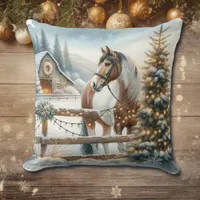 Brown and White Horse Festive Rustic Christmas   Throw Pillow