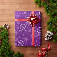 Festive Purple Foil Snowflakes Monogram Name Wrapping Paper