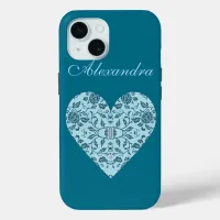 Elegant Flowery Teal Damask Heart iPhone 15 Case