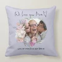 Love you Mom Script Heart Photo Florals Name Lilac Throw Pillow