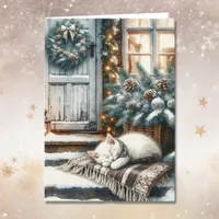 Kitten Asleep on Festive Front Porch Christmas Card