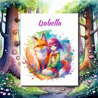 Pretty Watercolor Anime Girl and Fox Poster