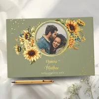 Sunflower Sage Green Elegant Photo Gold Foil Guest Book