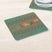 Southwest Fun Javelina Family Copper Teal Square Paper Coaster