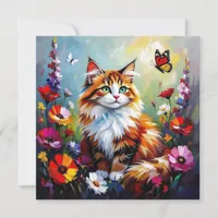 Cute Whimsical  Cat, Flowers and Butterflies Card